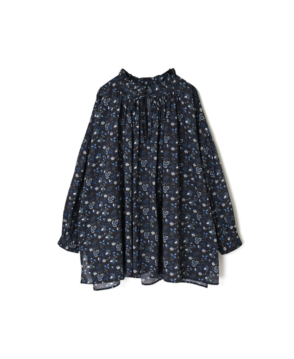 NSL26592 60s COTTON CAMBRIC FLOWER PRINT FRILL&STRING COLLAR GATHERED SHIRT