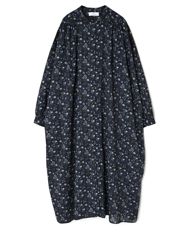 NSL26594 60s COTTON CAMBRIC FLOWER PRINT BNADED COLLAR GATHER SHIRT DRESS