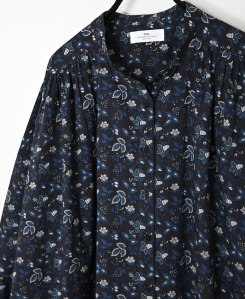 NSL26594 60s COTTON CAMBRIC FLOWER PRINT BANDED COLLAR GATHER SHIRT DRESS