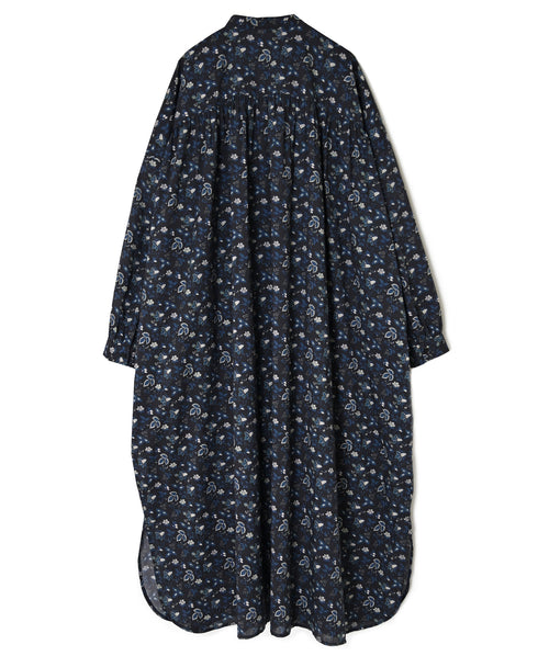 NSL26594 60s COTTON CAMBRIC FLOWER PRINT BANDED COLLAR GATHER SHIRT DRESS