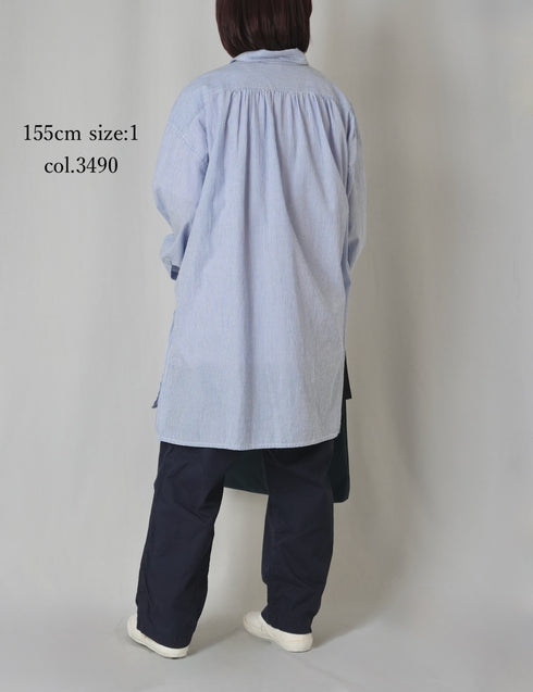 INAM2632S SEERSUCKER STRIPE WASH WORK GATHERED SHIRT