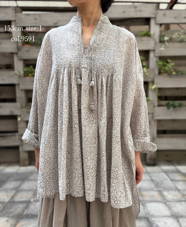 INMDS26102 80s COTTON FLOWER BLOCK PRINT BANDED COLLAR MINI PINTUCK TUNIC