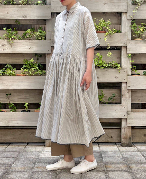 INMDS26064 HANDWOVEN COTTON STRIPE REGULAR COLLAR SHIRTS DRESS WITH RAJASTHAN GATHER