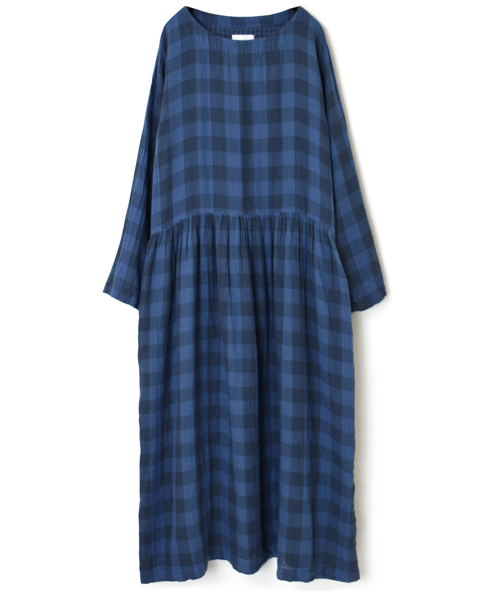 INAM1951DGD (ワンピース) DOUBLE GAUZE OVER DYED CHECK BOAT NECK L/SL ONE-PIECE