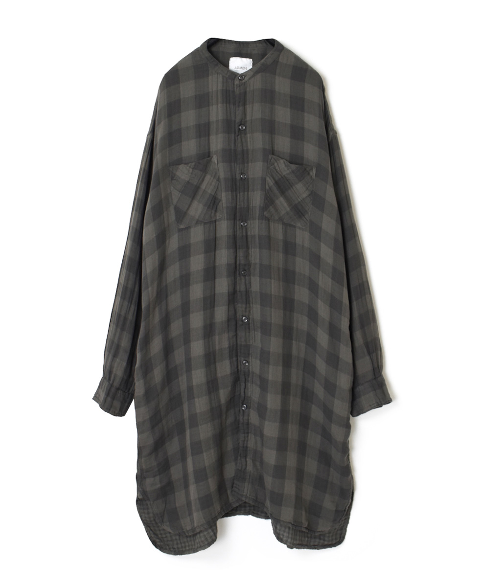 INAM1972DGD (ロングシャツ) DOUBLE GAUZE OVER DYED CHECK UTILITY BANDED COLLAR LONG SHIRT