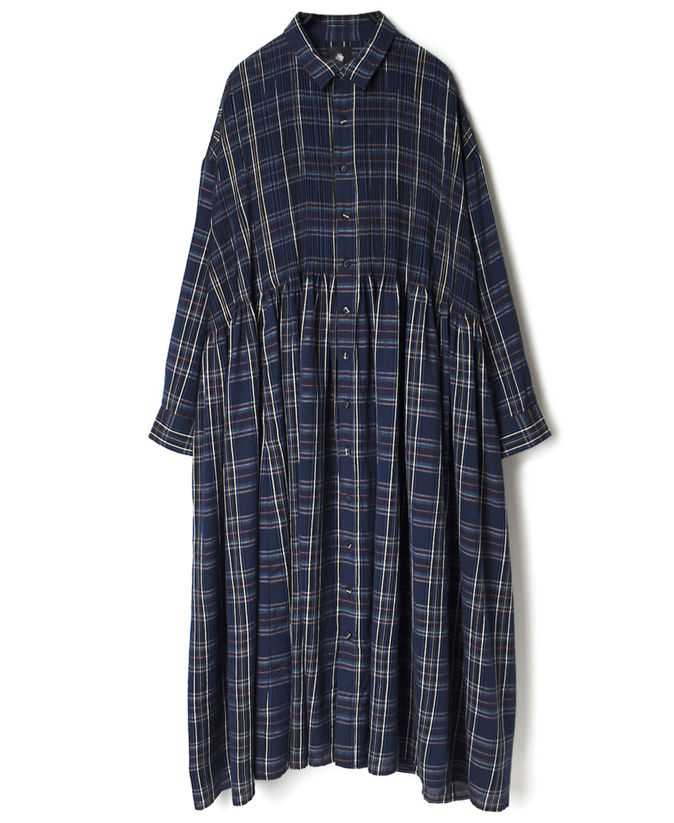 NMDS22593 (ワンピース) WOOL/COTTON PLAIN WEAVE CHECK REGULAR COLLAR DRESS WITH MINI PINTUCK