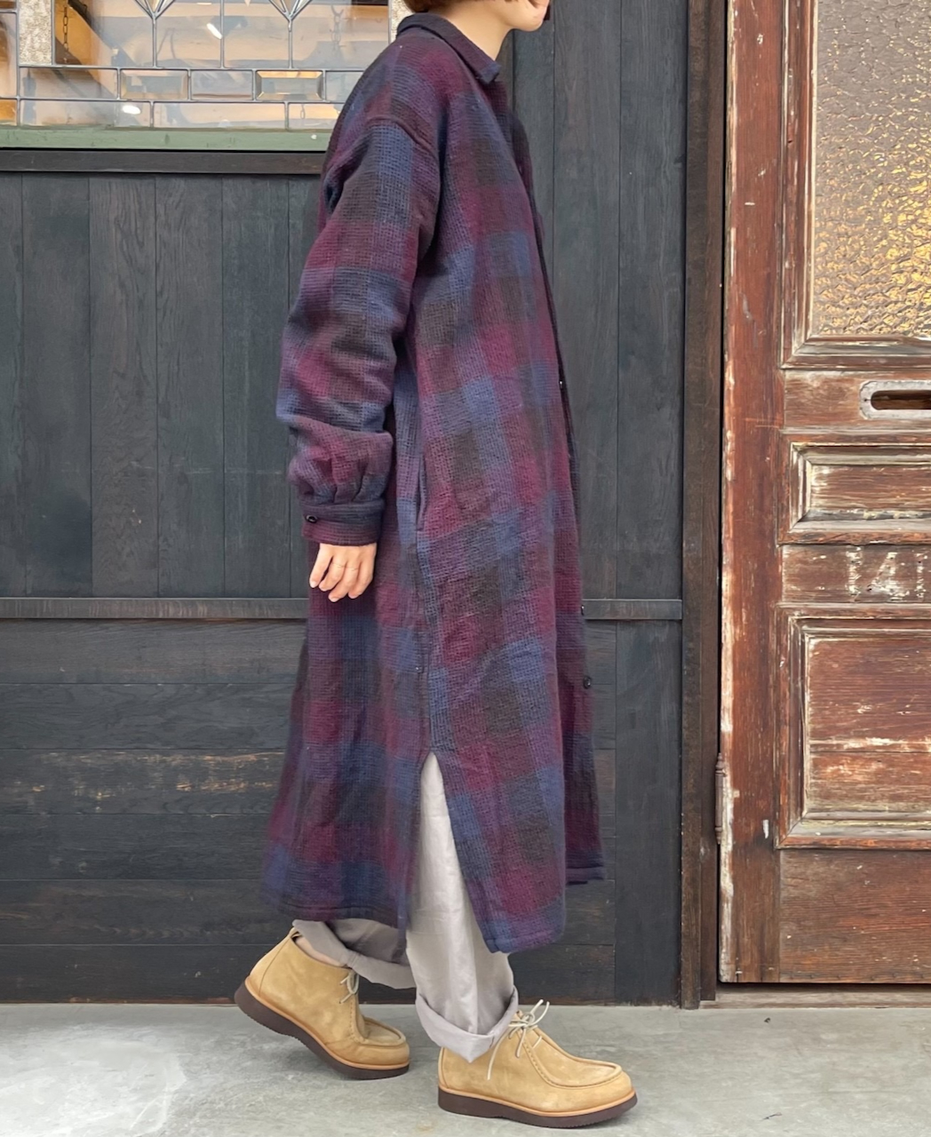 INHT2202WBC (ロングシャツ) COTTON WAFFLE CHECK OVERDYE ONE-UP COLLAR LONG SHIRT