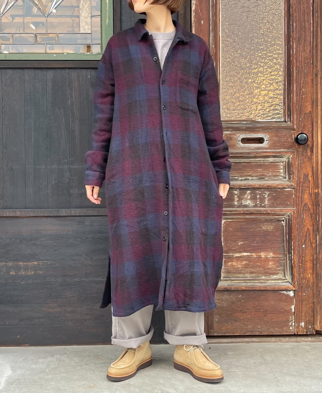 INHT2202WBC (ロングシャツ) COTTON WAFFLE CHECK OVERDYE ONE-UP COLLAR LONG SHIRT