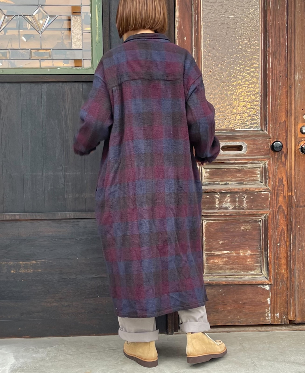 INHT2202WBC (ロングシャツ) COTTON WAFFLE CHECK OVERDYE ONE-UP COLLAR LONG SHIRT