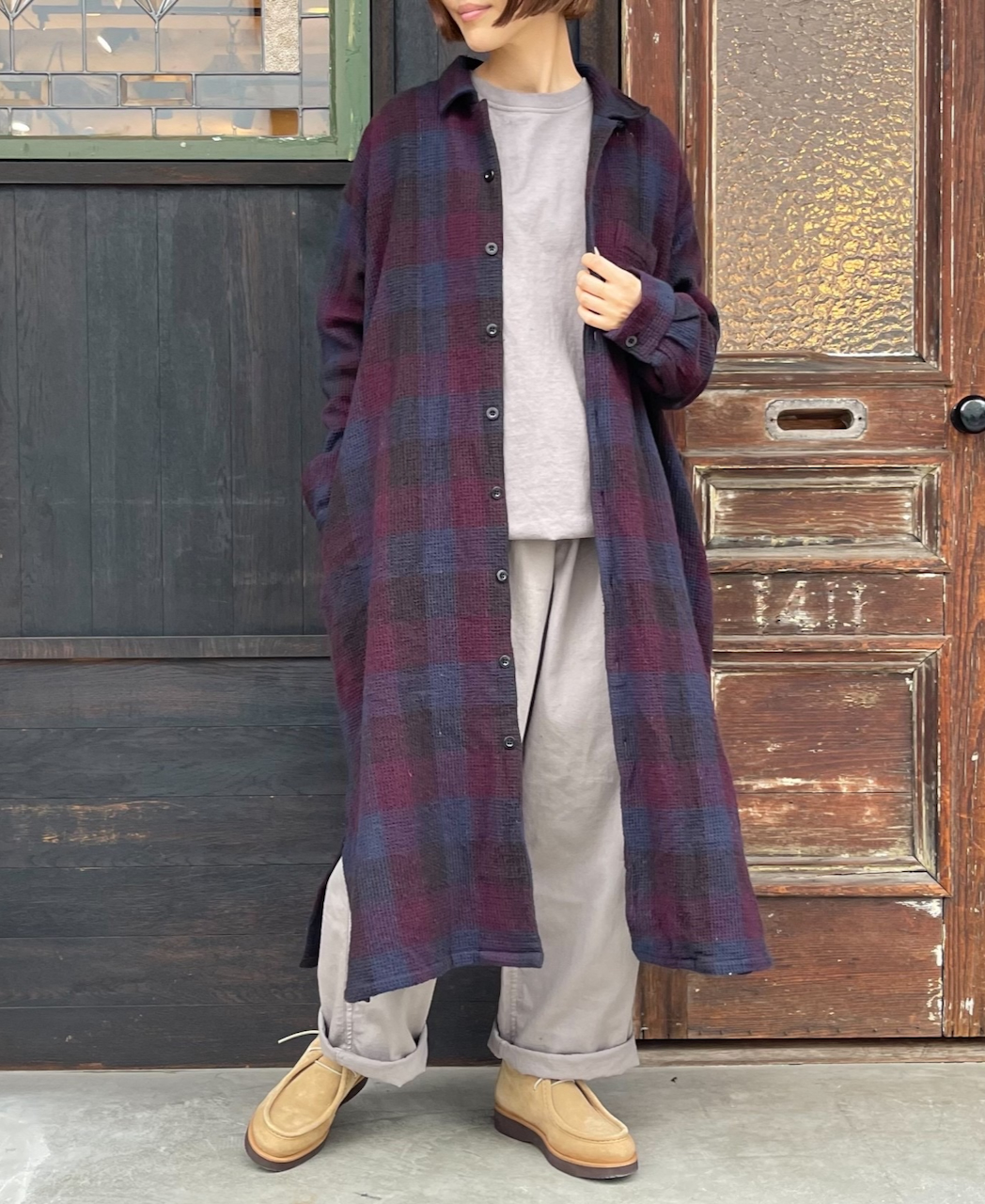 INHT2202WBC (ロングシャツ) COTTON WAFFLE CHECK OVERDYE ONE-UP COLLAR LONG SHIRT