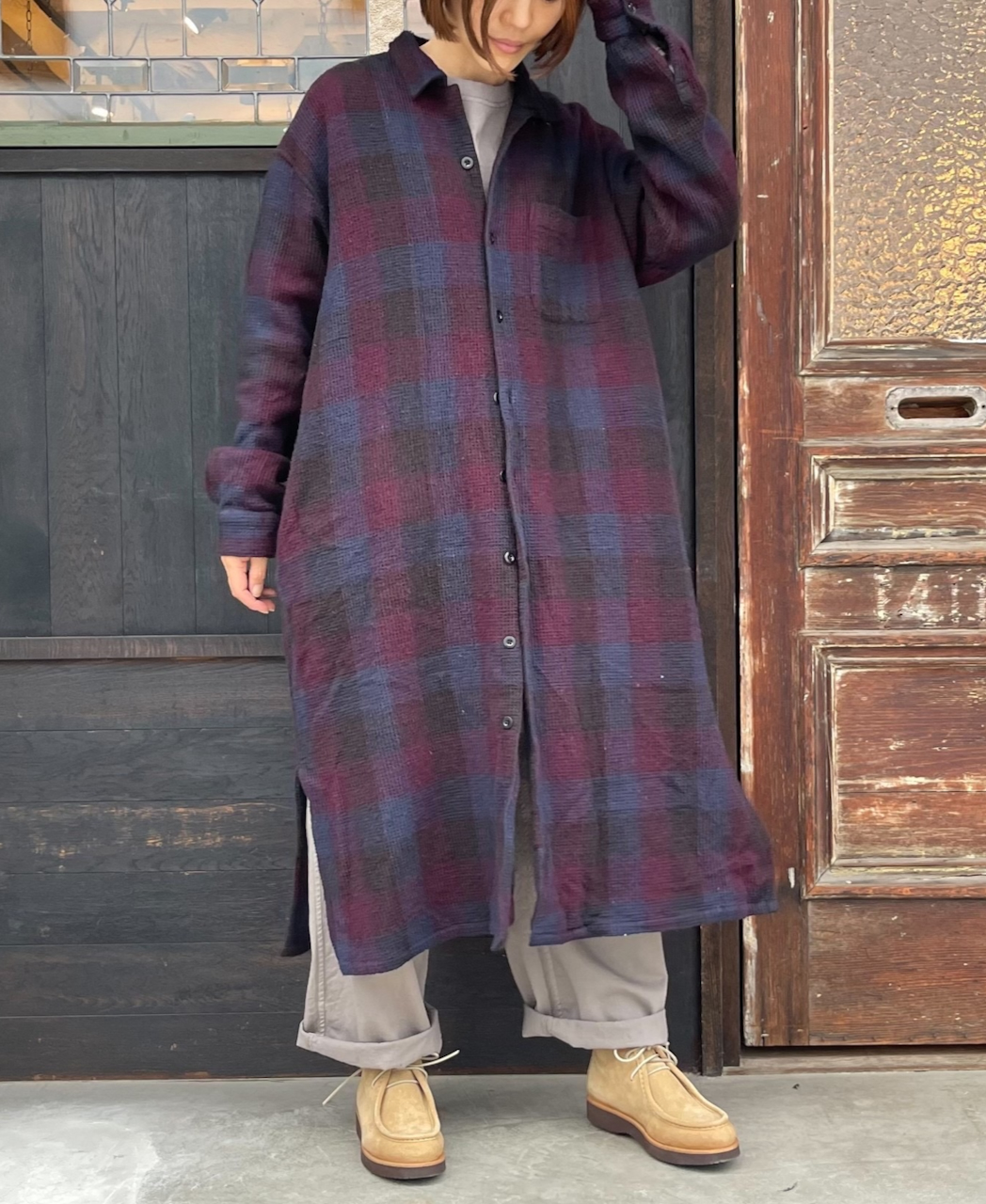 INHT2202WBC (ロングシャツ) COTTON WAFFLE CHECK OVERDYE ONE-UP COLLAR LONG SHIRT