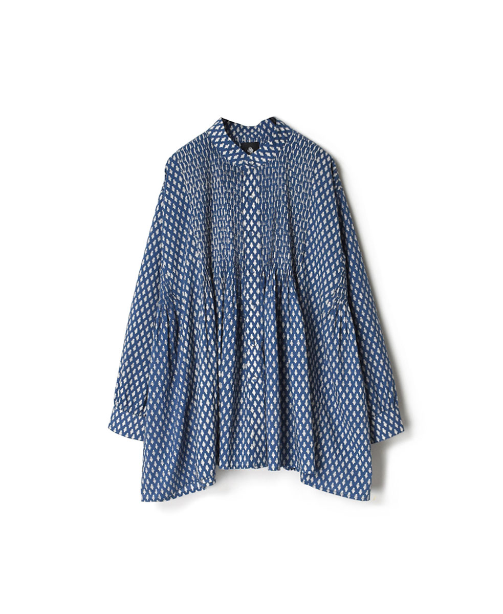 INMDS22721(シャツ) 80’S COTTON VOILE TREE BLOCK PRINT MINI PINTUCK BANDED SHIRT