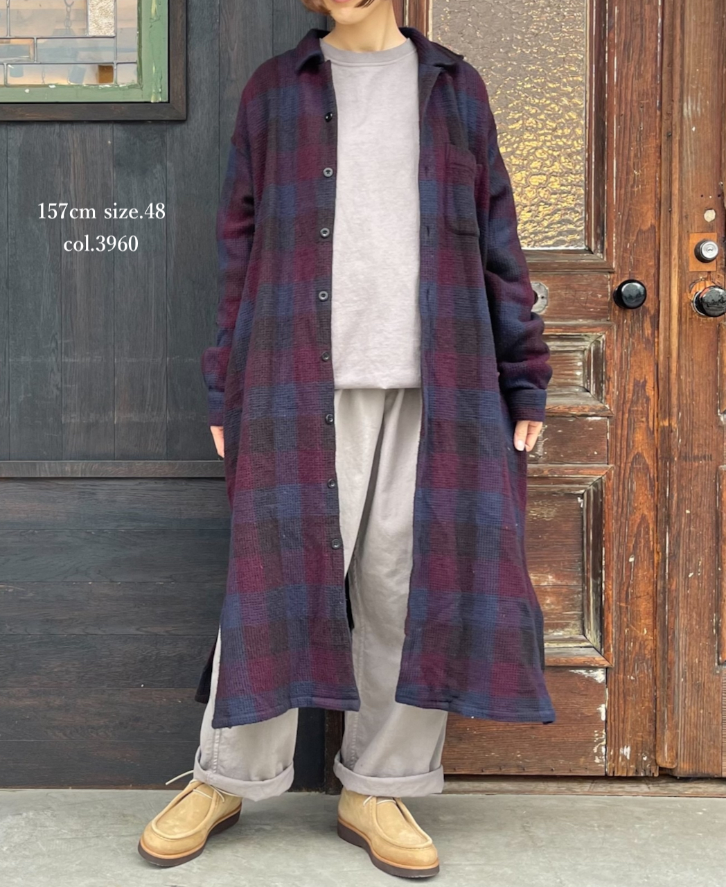 INHT2202WBC (ロングシャツ) COTTON WAFFLE CHECK OVERDYE ONE-UP COLLAR LONG SHIRT