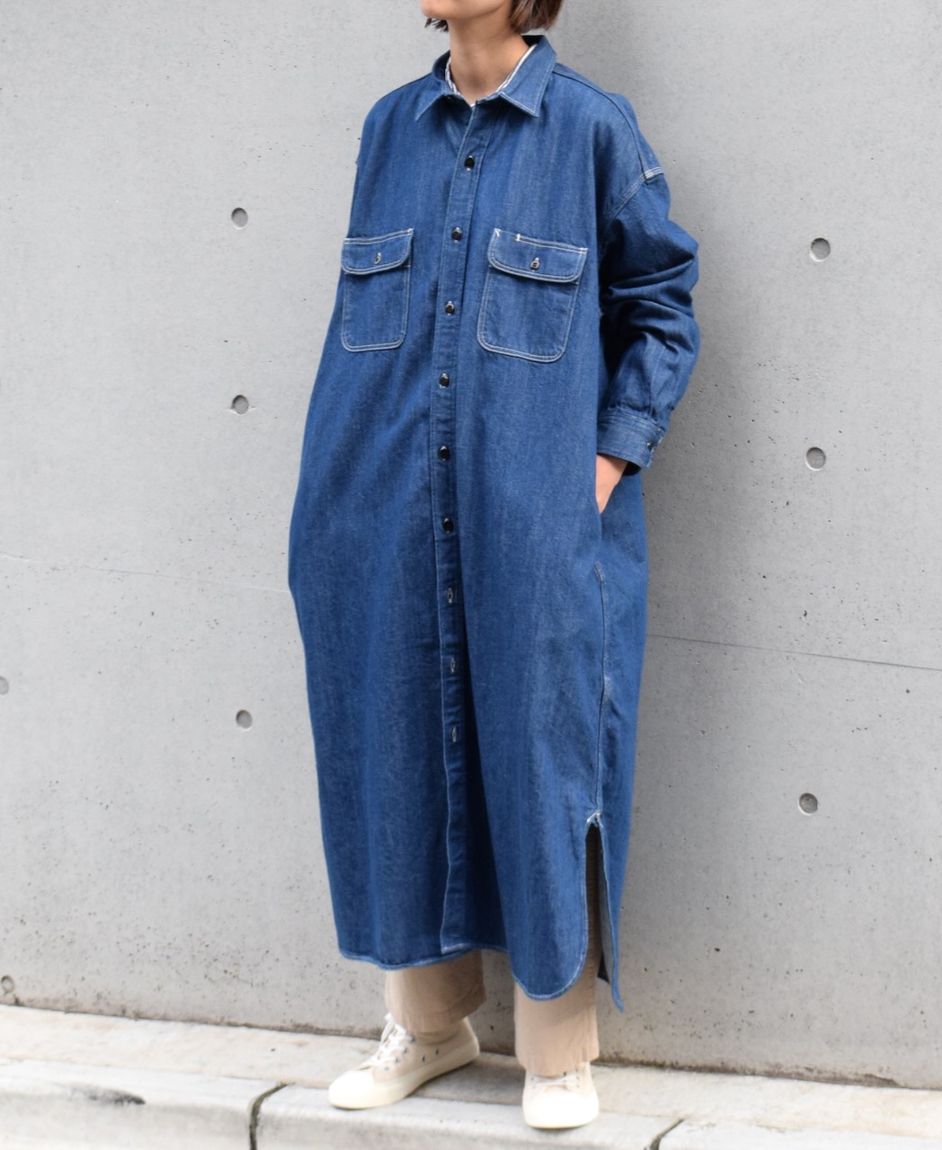 GNAM2252 (ロングシャツ) WASHED DENIM REGULAR COLLAR LONG SHIRT