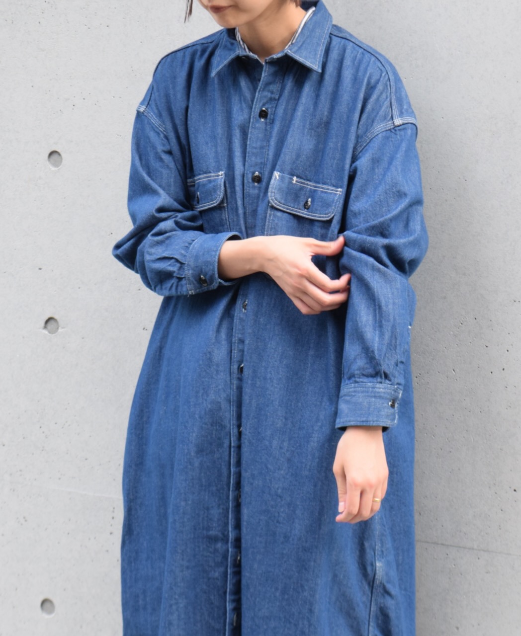 GNAM2252 (ロングシャツ) WASHED DENIM REGULAR COLLAR LONG SHIRT