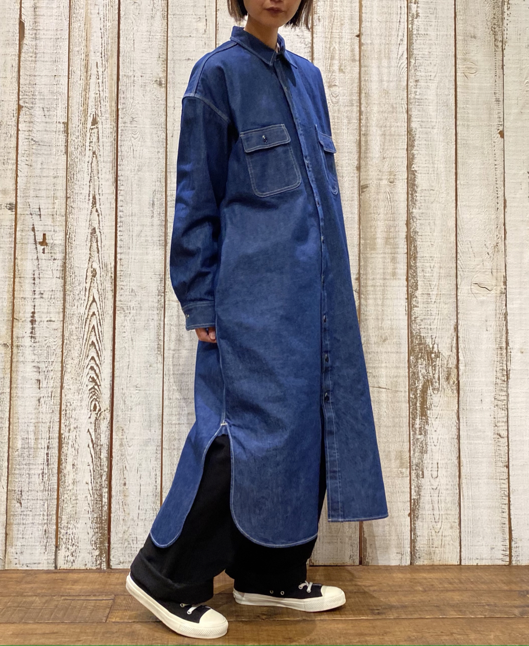 GNAM2252 (ロングシャツ) WASHED DENIM REGULAR COLLAR LONG SHIRT