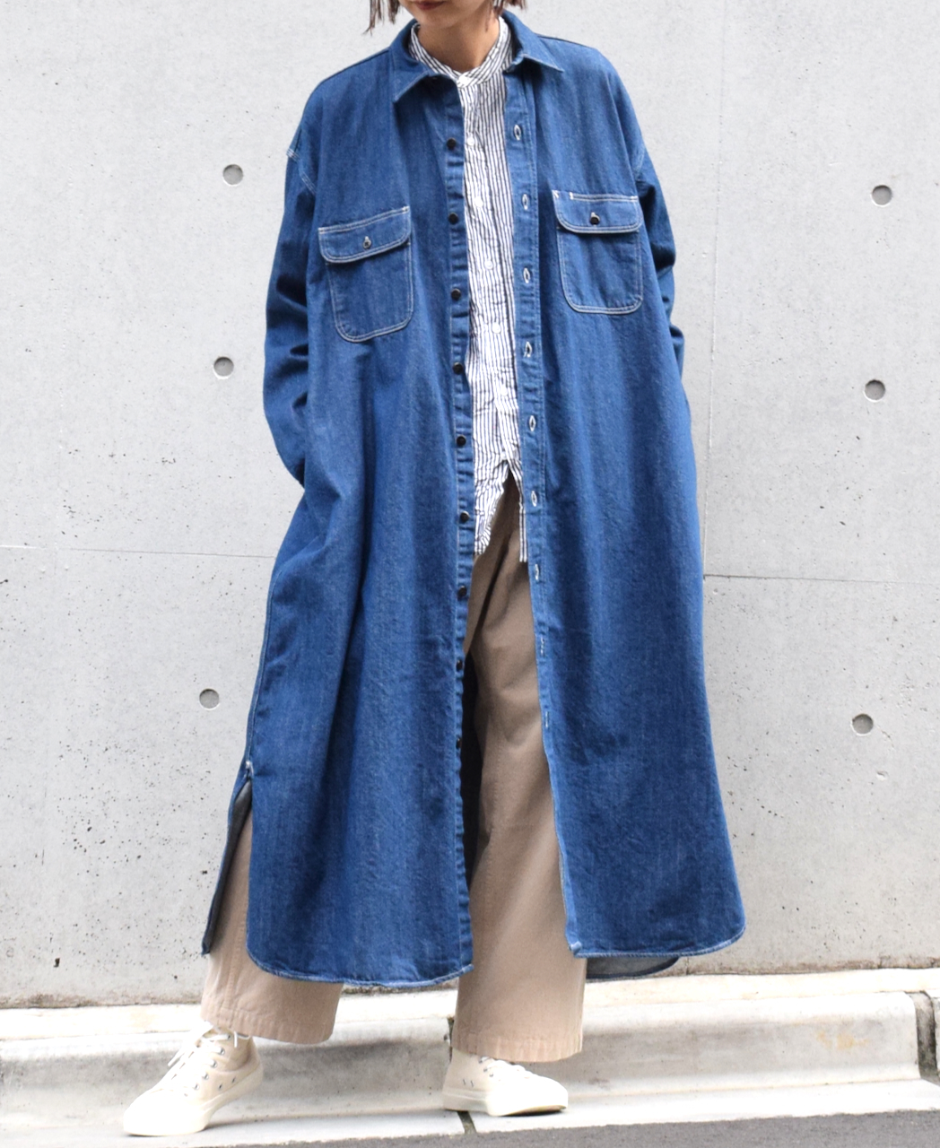 GNAM2252 (ロングシャツ) WASHED DENIM REGULAR COLLAR LONG SHIRT