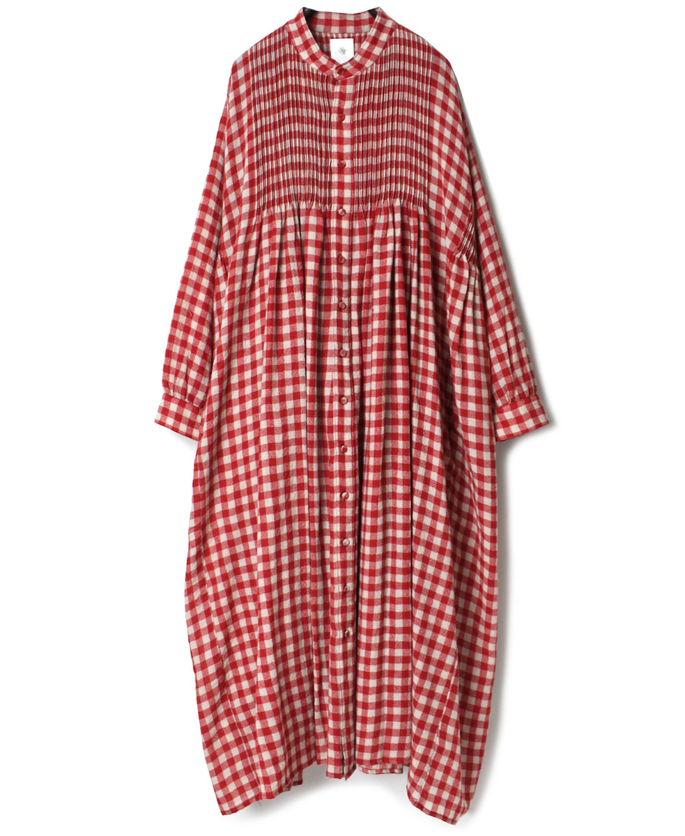 NMDS22584 (ワンピース) BOILED WOOL MEDIUM GINGHAM CHECK BANDED SHIRT DRESS WITH MINI PINTUCK