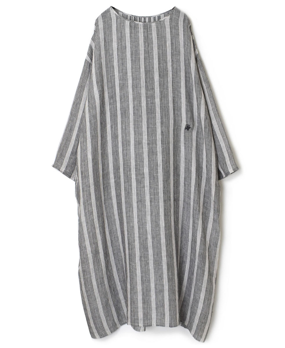 NMDS23114 (ワンピース) 80’S POWER LOOM LINEN RANDOM STRIPE CREW-NECL BACK PINTUCK DRESS