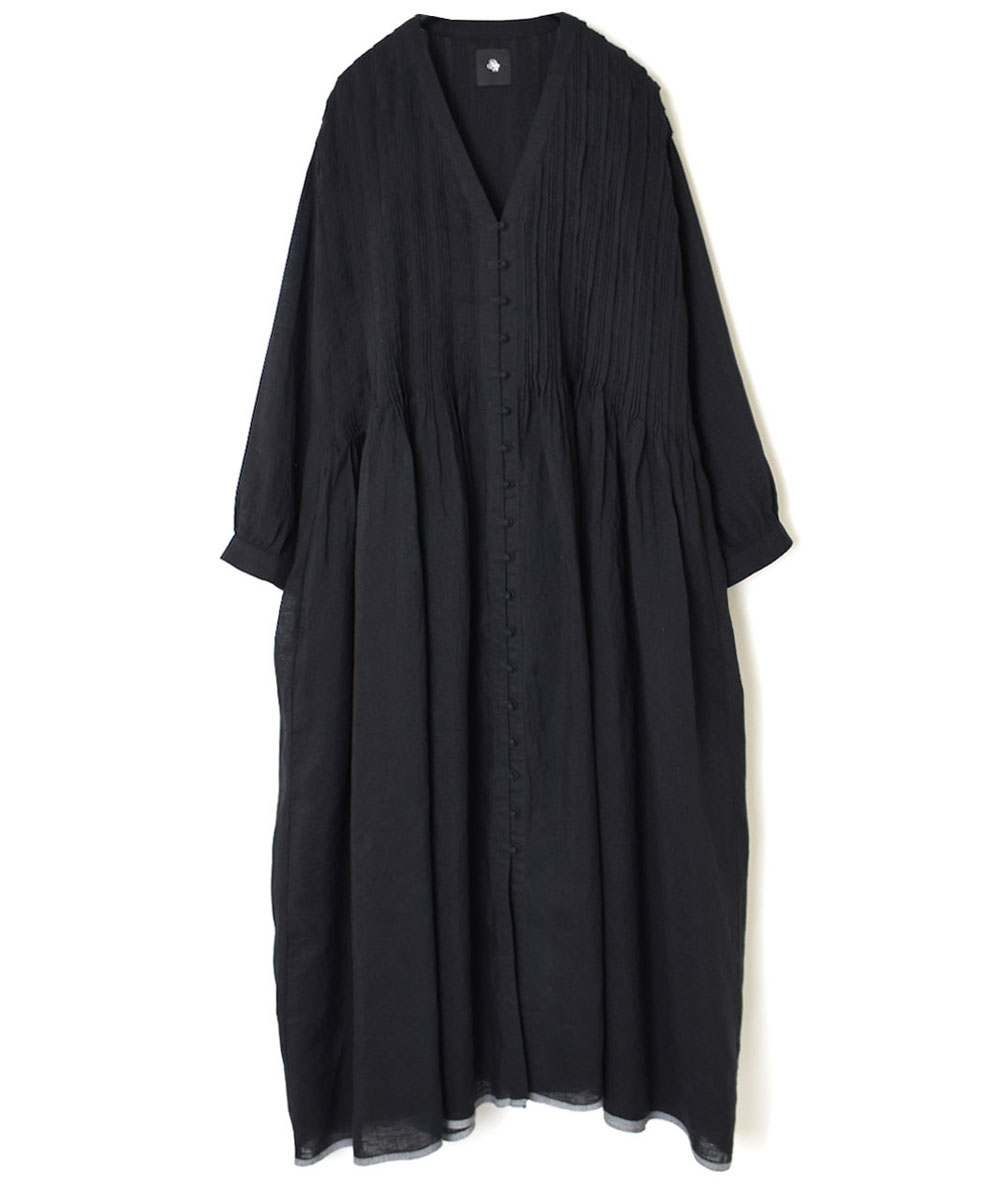 INMDS23003 (ワンピース) 80’S HANDWOVEN LINEN PLAIN WITH SELVAGE RANDOM PLEATS V-NECK FRONT OPENING DRESS