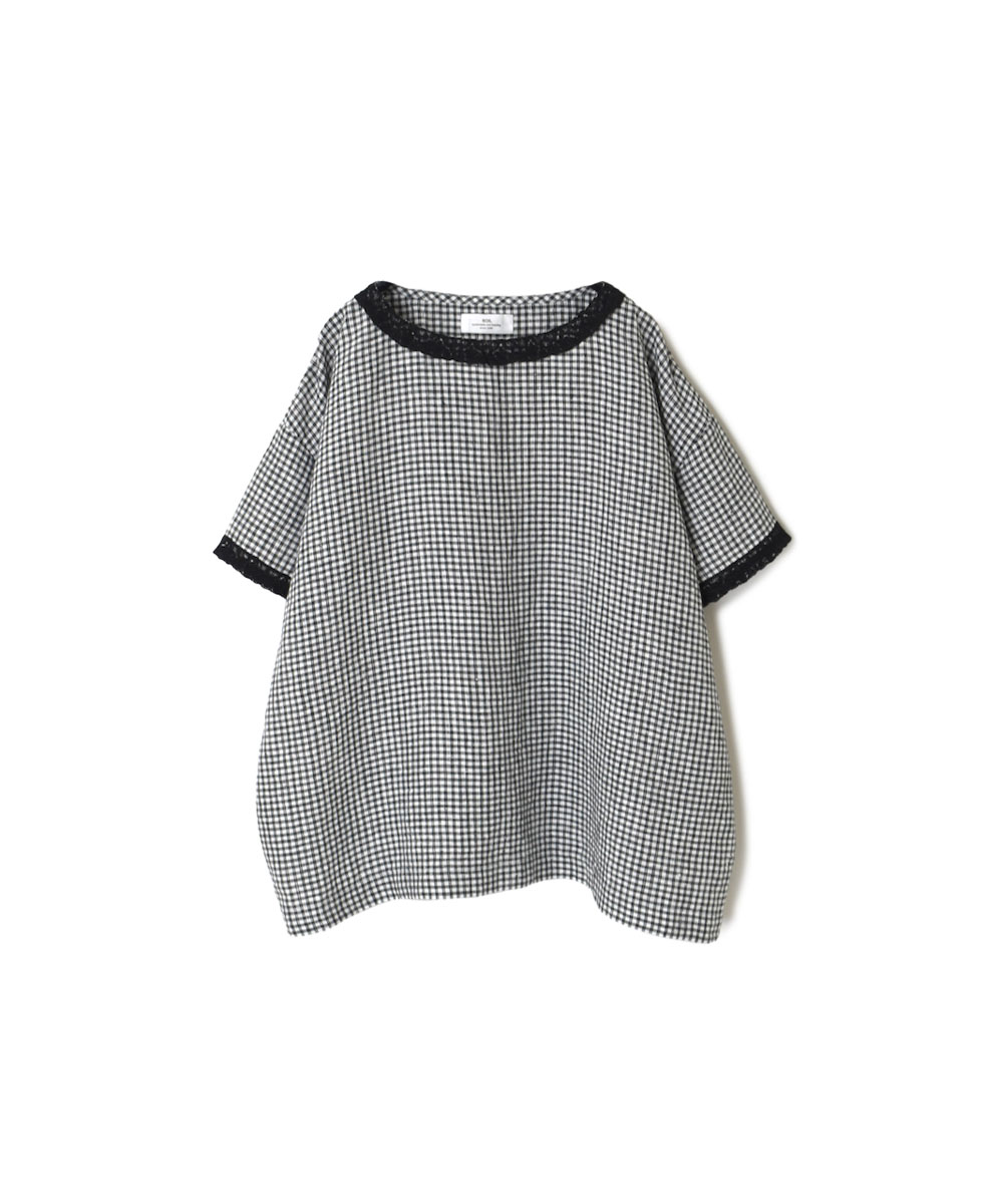 INSL23212 (ブラウス) 60’S POWER LOOM LINEN FANCY GINGHAM CHECK BOAT NECK PULLOVER WITH LACE