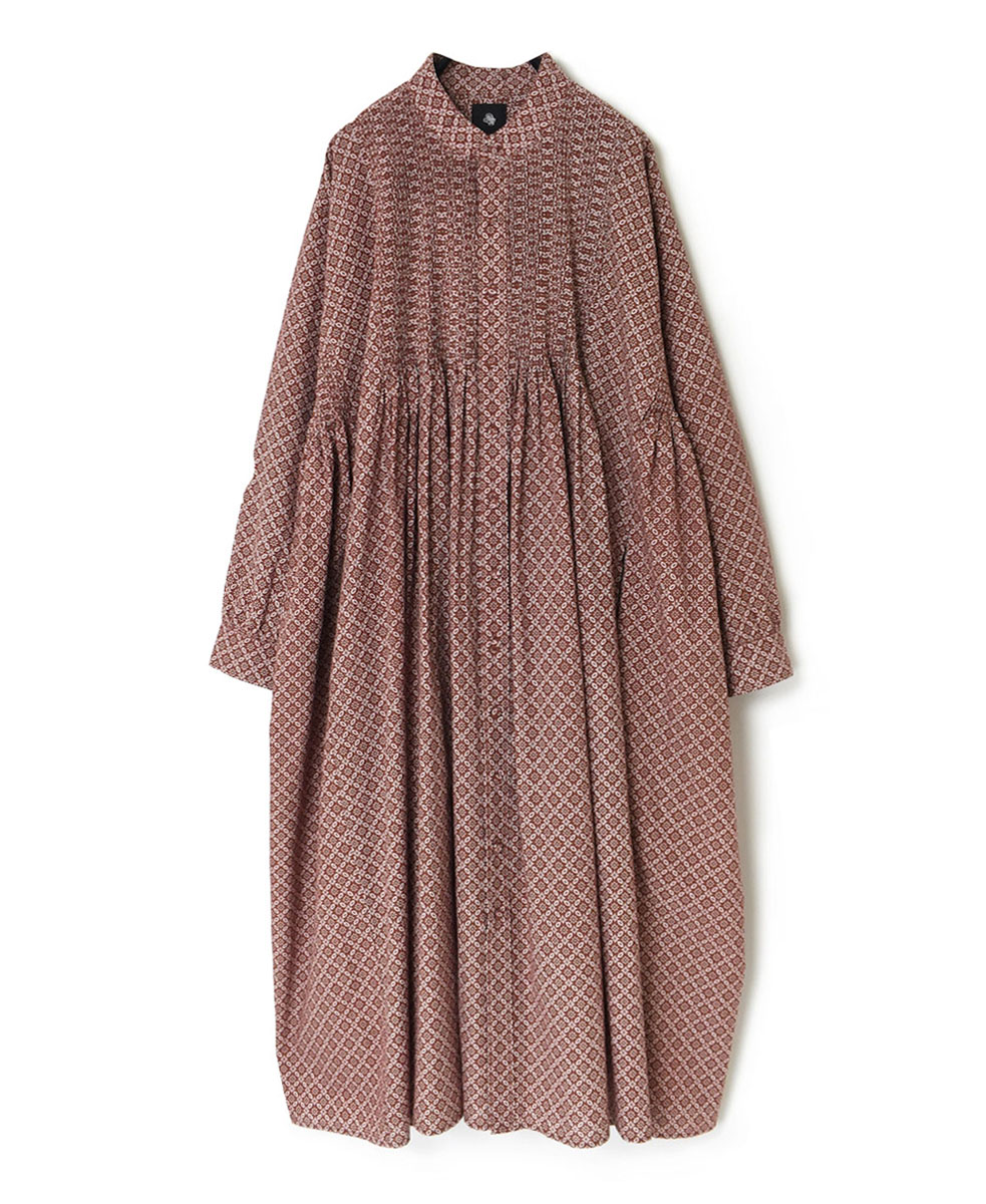 INMDS23732 (ワンピース) 60’S COTTON REPETITIONAL FLOWER BLOCK PRINT MINI PINTUCK BANDED COLLAR SHIRT DRESS