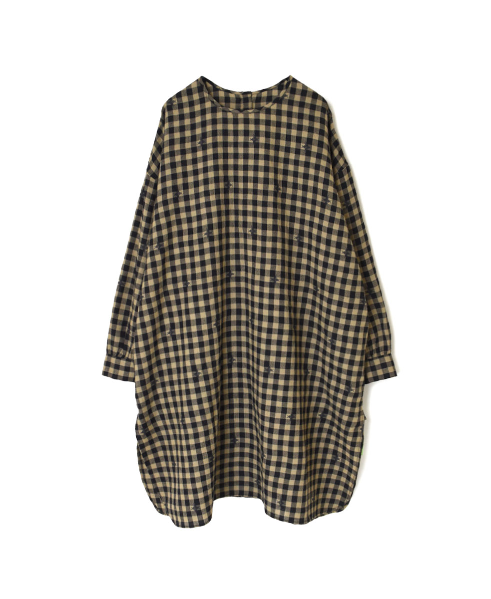 NMDS23603 (チュニック) WOOL GINGHAM CHECK WITH JACQUARD BACK OPENING CREW-NECK SHIRT TUNIC