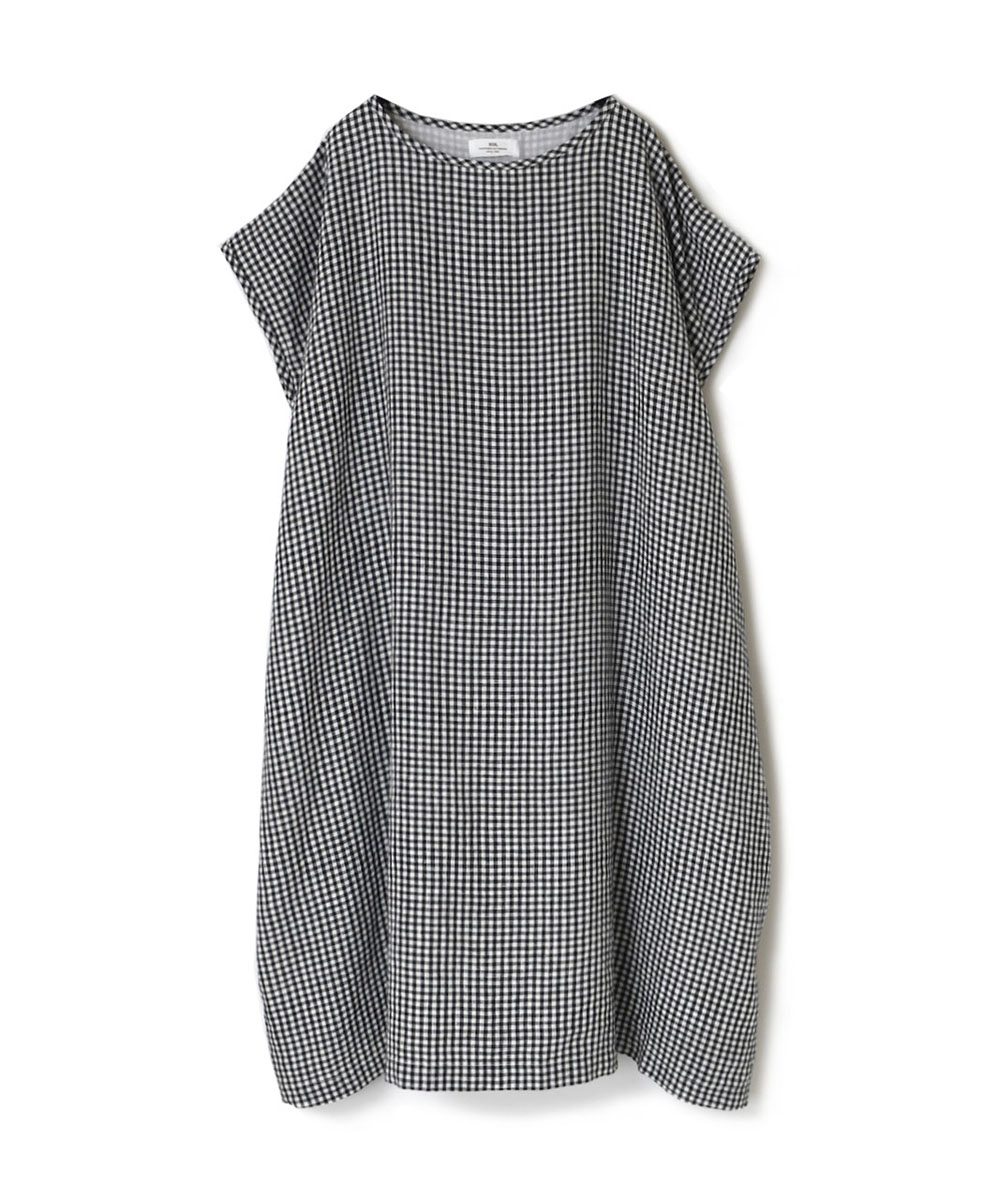 INSL24215 (ワンピース) 60’S POWER LOOM LINEN GINGHAM CHECK BOAT NECK GATHERED DRESS WITH LINING