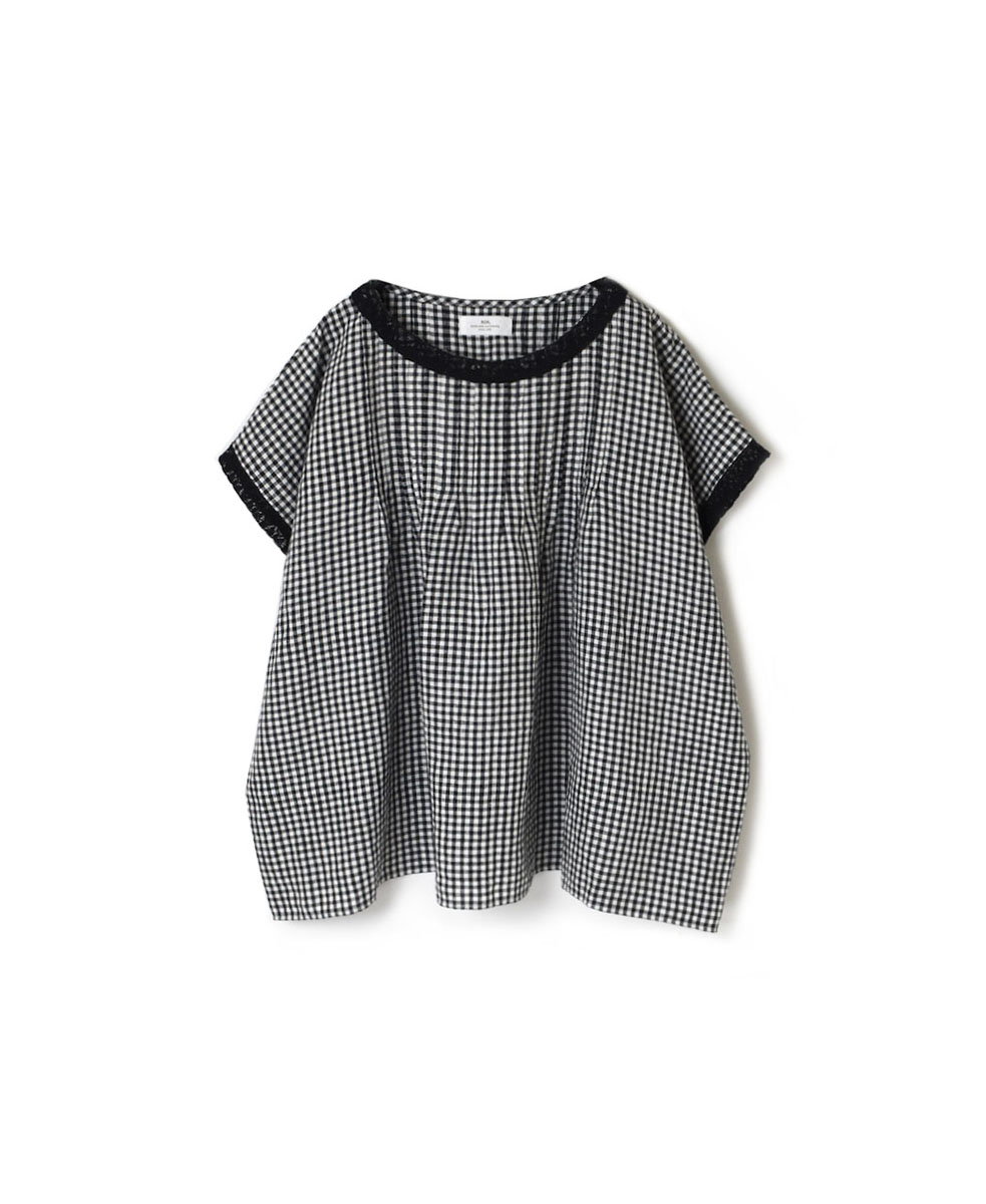 INSL24213 (ブラウス) 60’S POWER LOOM LINEN GINGHAM CHECK BOAT NECK PULLOVER WITH PINTUCK & LACE