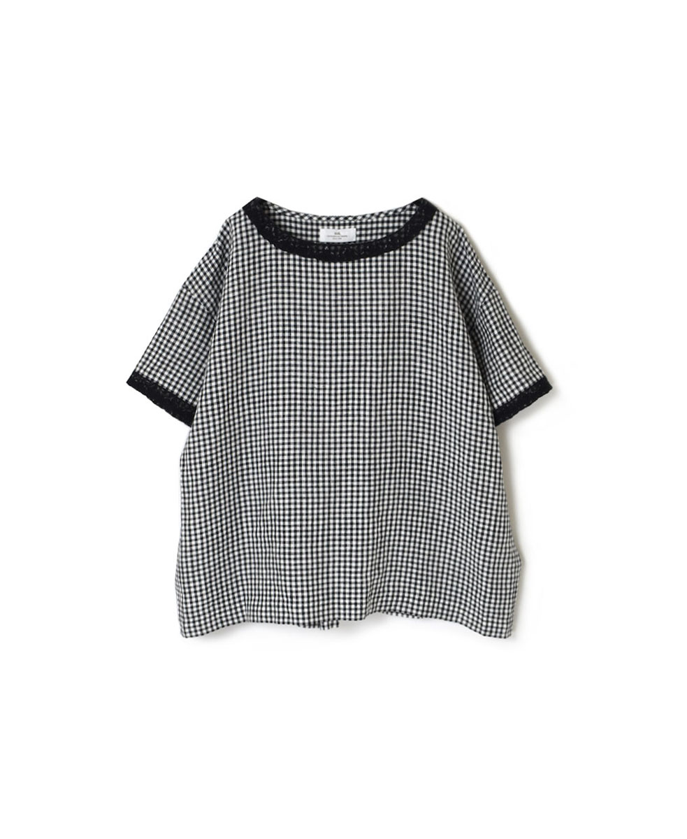 INSL24212 (ブラウス) 60’S POWER LOOM LINEN GINGHAM CHECK BOAT NECK PULLOVER WITH BACK SIDE PLEATS & LACE