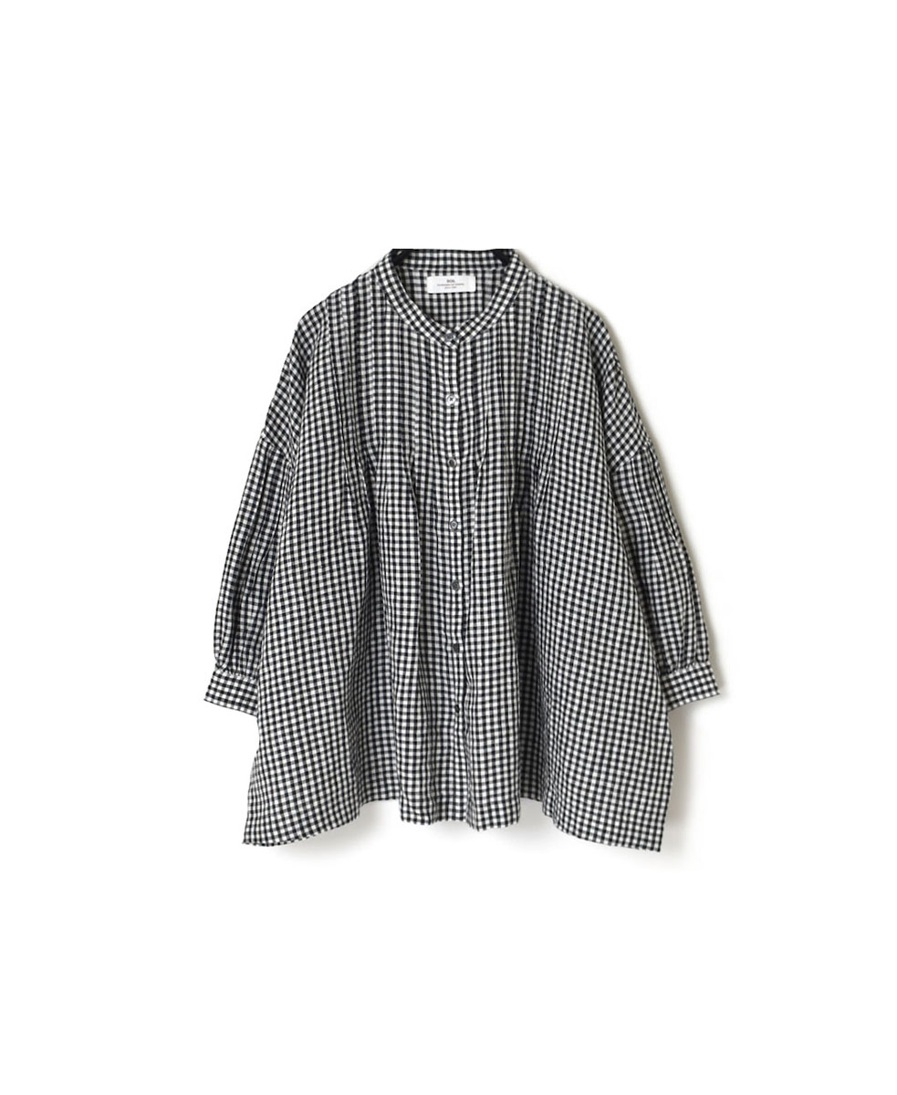 INSL24211 (シャツ) 60'S POWER LOOM LINEN GINGHAM CHECK BANDED COLLAR 3/4SL PINTUCK SHIRT