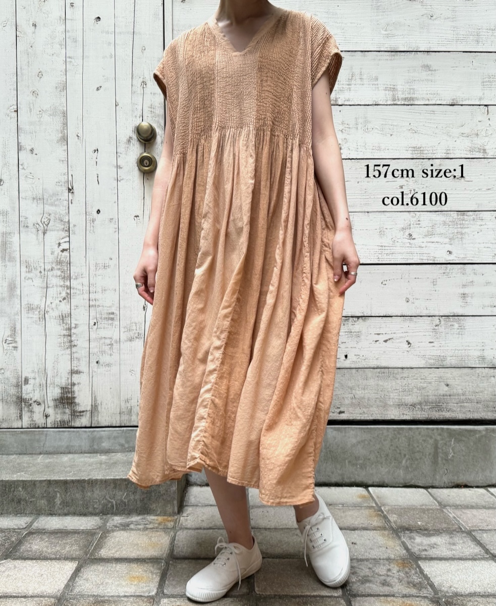 NMDS24192D (ワンピース) COTTON/LINEN PATCHWORK (OVERDYE) V-NECK F/SL DRESS WITH  PINTUCK DRESS│