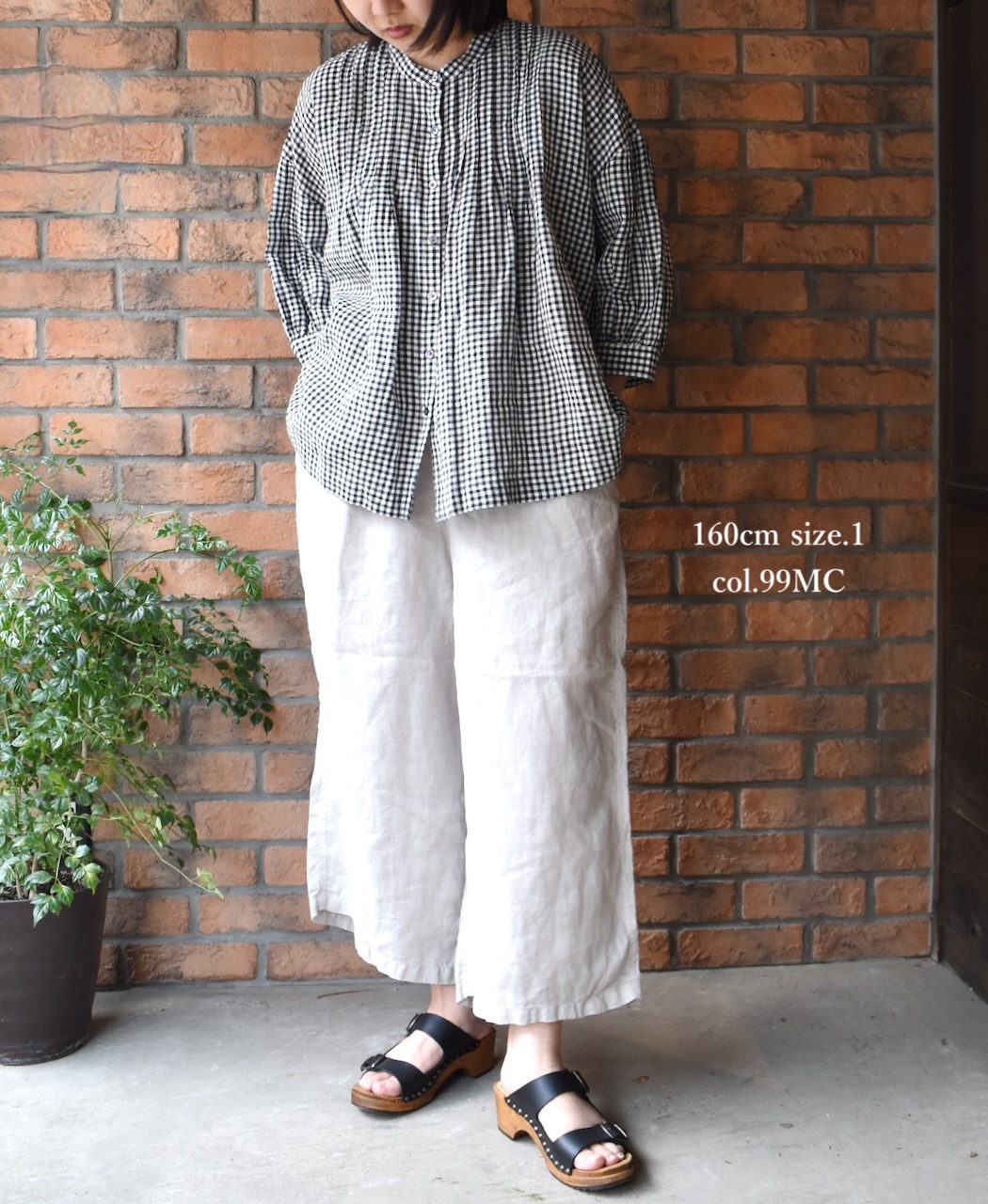 INSL24211 (シャツ) 60'S POWER LOOM LINEN GINGHAM CHECK BANDED COLLAR 3/4SL PINTUCK SHIRT