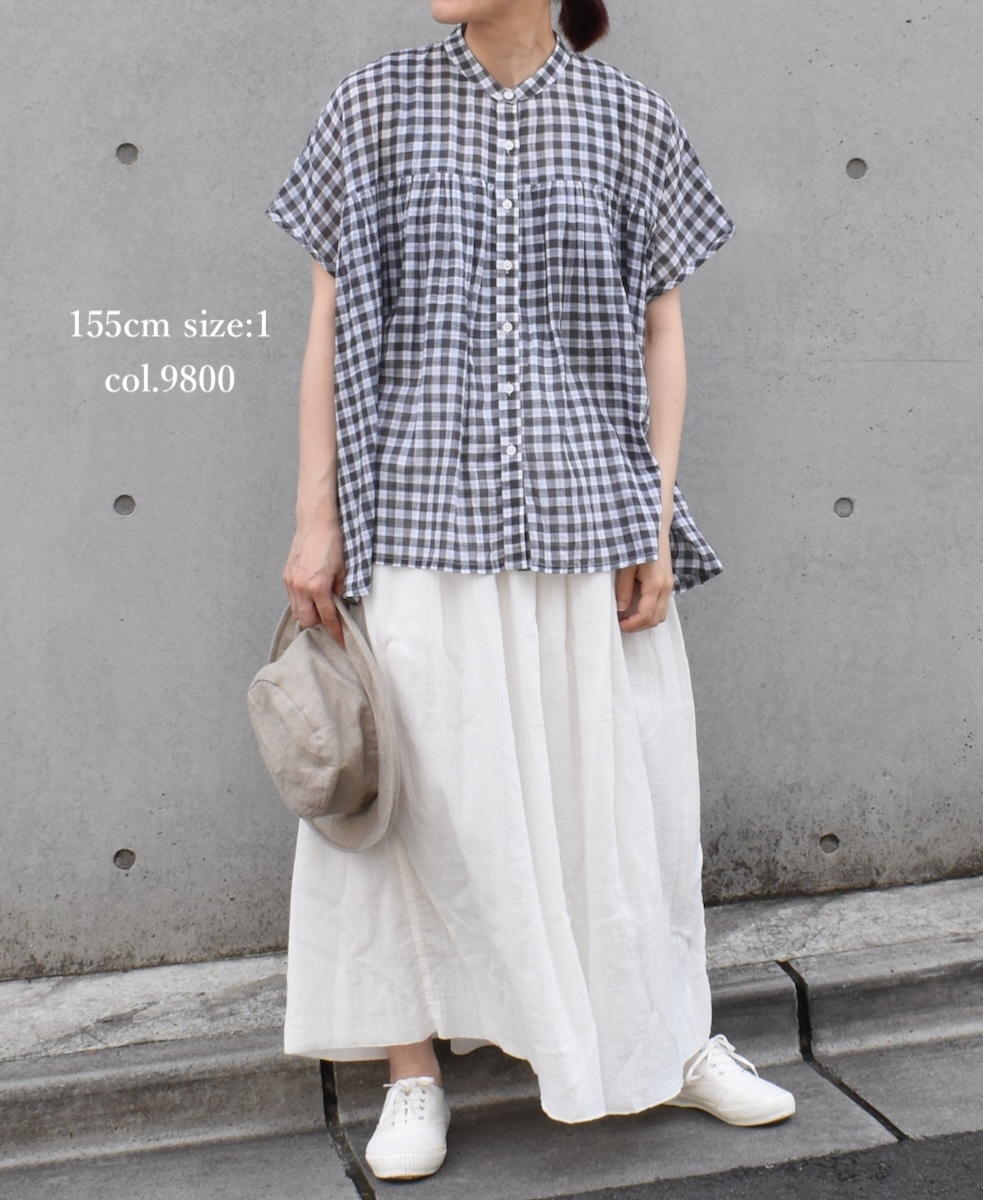 ●NSL24021 (シャツ) COTTON FANCY GINGHAM CHECK BANDED COLLAR GATHERED SHIRT