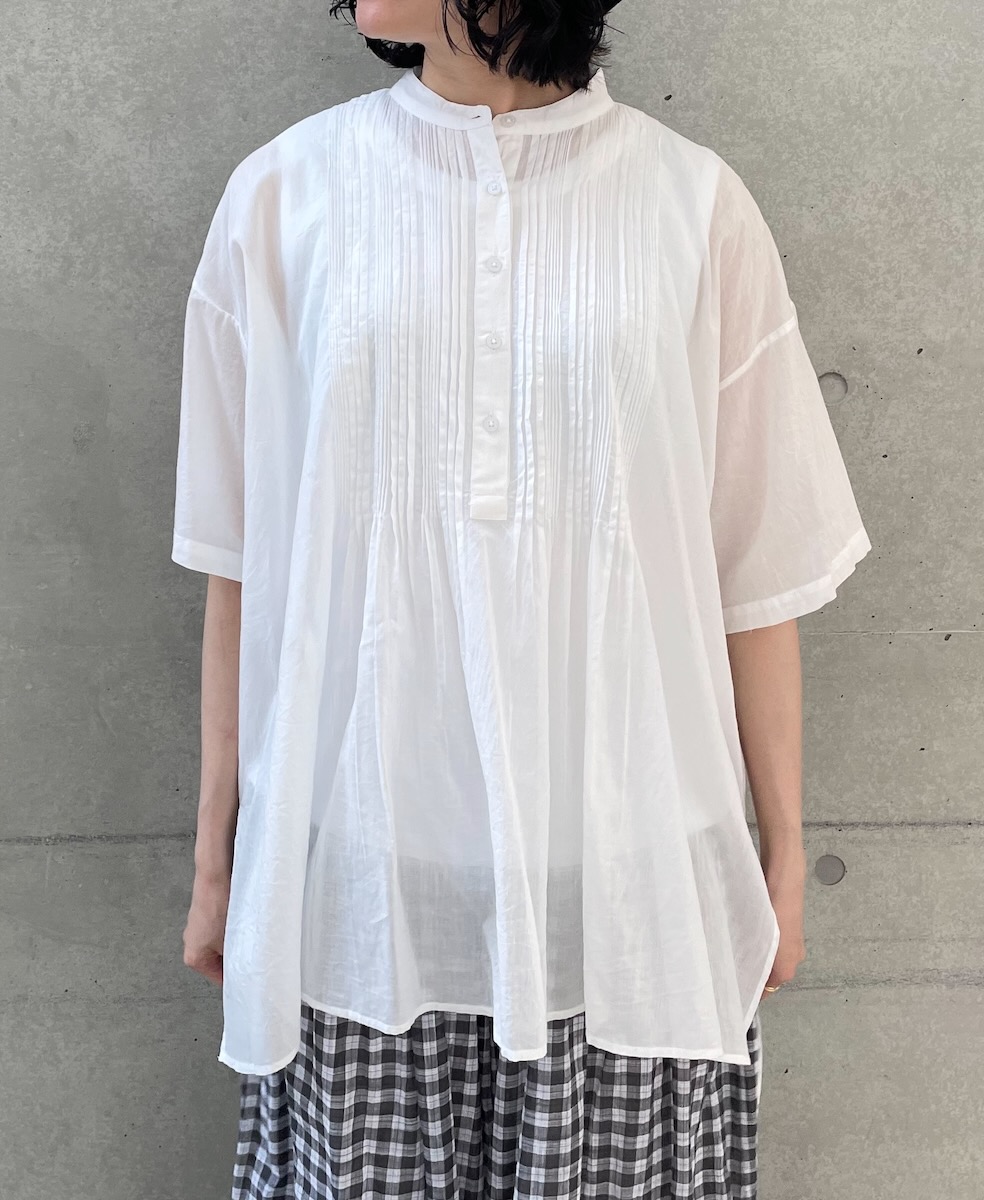 NSL24031 (シャツ) COTTON VOILE LACE & PINTUCK BANDED COLLAR SHORT/SL PINTUCK SHIRT