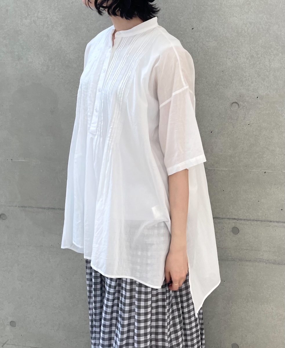 NSL24031 (シャツ) COTTON VOILE LACE & PINTUCK BANDED COLLAR SHORT/SL PINTUCK SHIRT