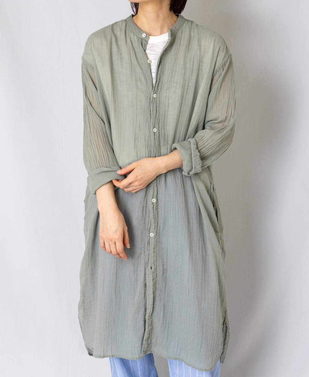 INAM1902GD (ロングシャツ) SINGLE GAUZE OVERDYED UTILITY BANDED COLLAR LONG SHIRTS