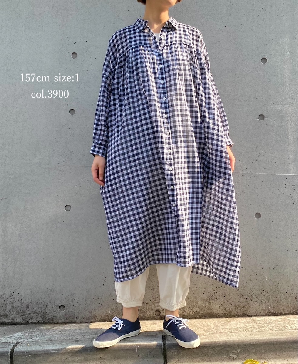 ●NSL24024 (ワンピース) COTTON FANCY GINGHAM CHECK GATHERED SHIRT DRESS