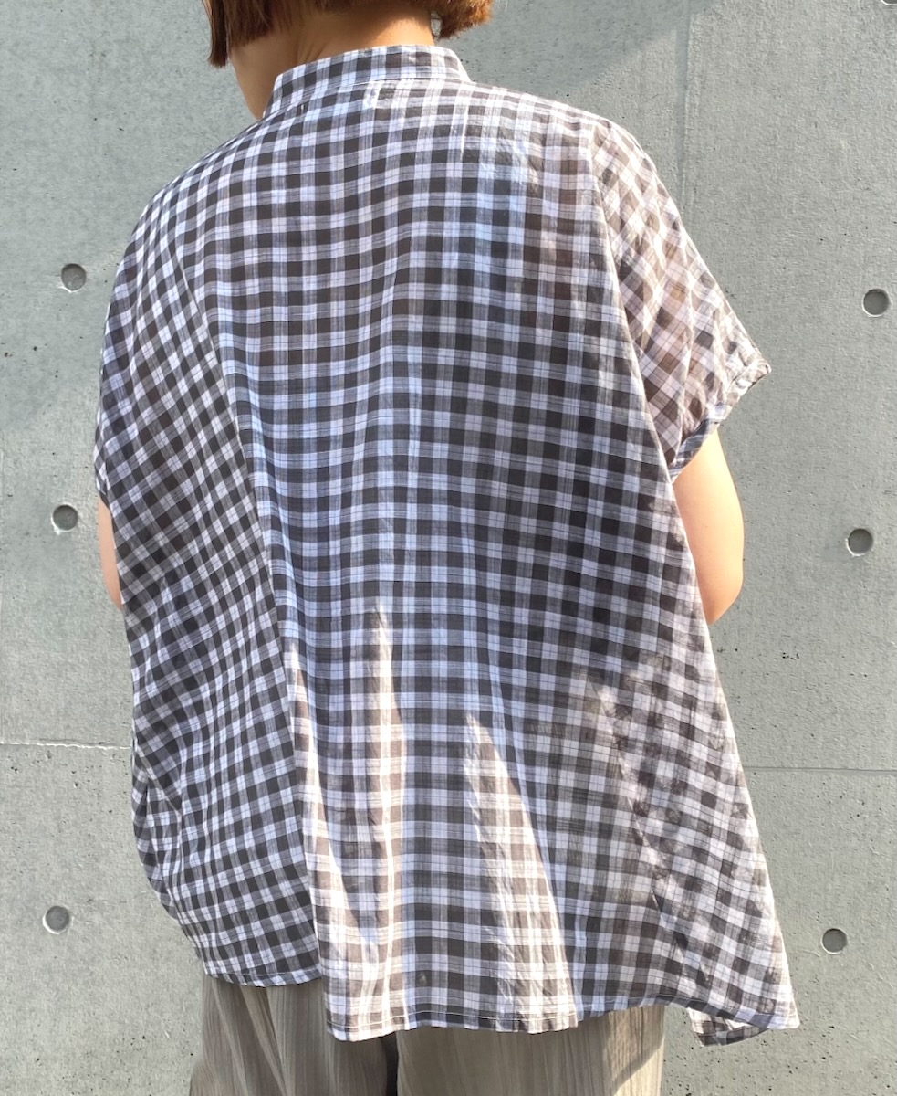 ●NSL24021 (シャツ) COTTON FANCY GINGHAM CHECK BANDED COLLAR GATHERED SHIRT