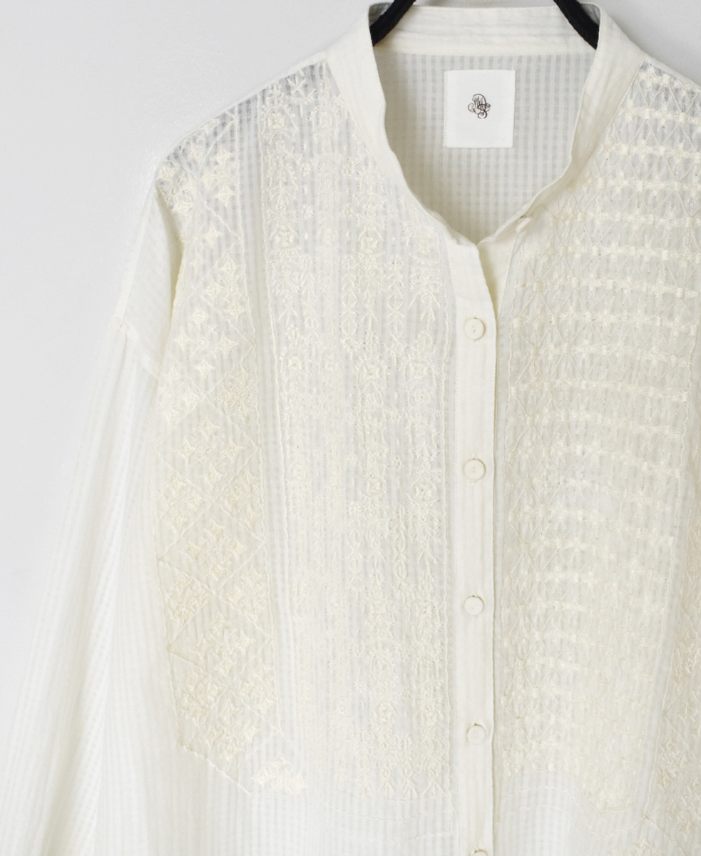 NMDS24601(シャツ) 80s ORGANIC COTTON SMALL CHECK BANDED COLLAR EMB SHIRT