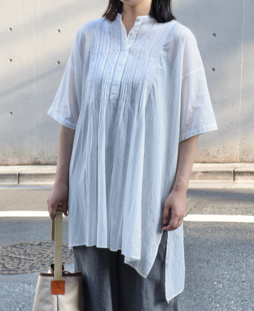 NSL24031 (シャツ) COTTON VOILE LACE & PINTUCK BANDED COLLAR SHORT/SL PINTUCK SHIRT