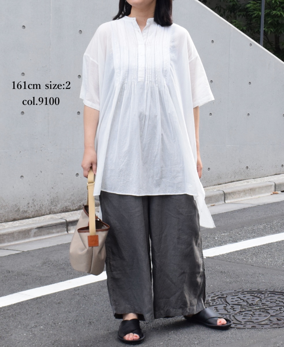 NSL24031 (シャツ) COTTON VOILE LACE & PINTUCK BANDED COLLAR SHORT/SL PINTUCK SHIRT