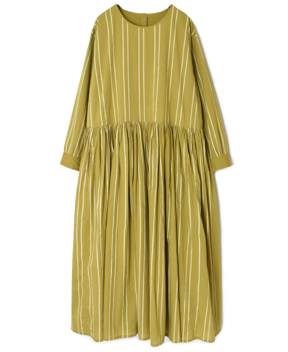 NMDS24622(ワンピース) 60s COTTON STRIPE BLOCK PRINT RAJASTHAN TUCK GATHERED DRESS