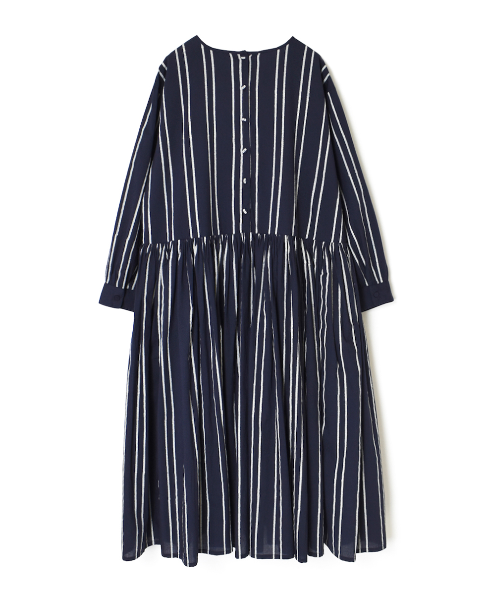 NMDS24622(ワンピース) 60s COTTON STRIPE BLOCK PRINT RAJASTHAN TUCK GATHERED DRESS