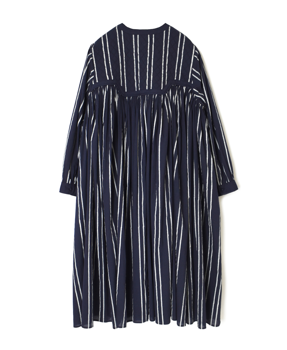 NMDS24623(ワンピース) 60s COTTON STRIPE BLOCK PRINT V-NECK RAJASTHAN TUCK GATHERED DRESS