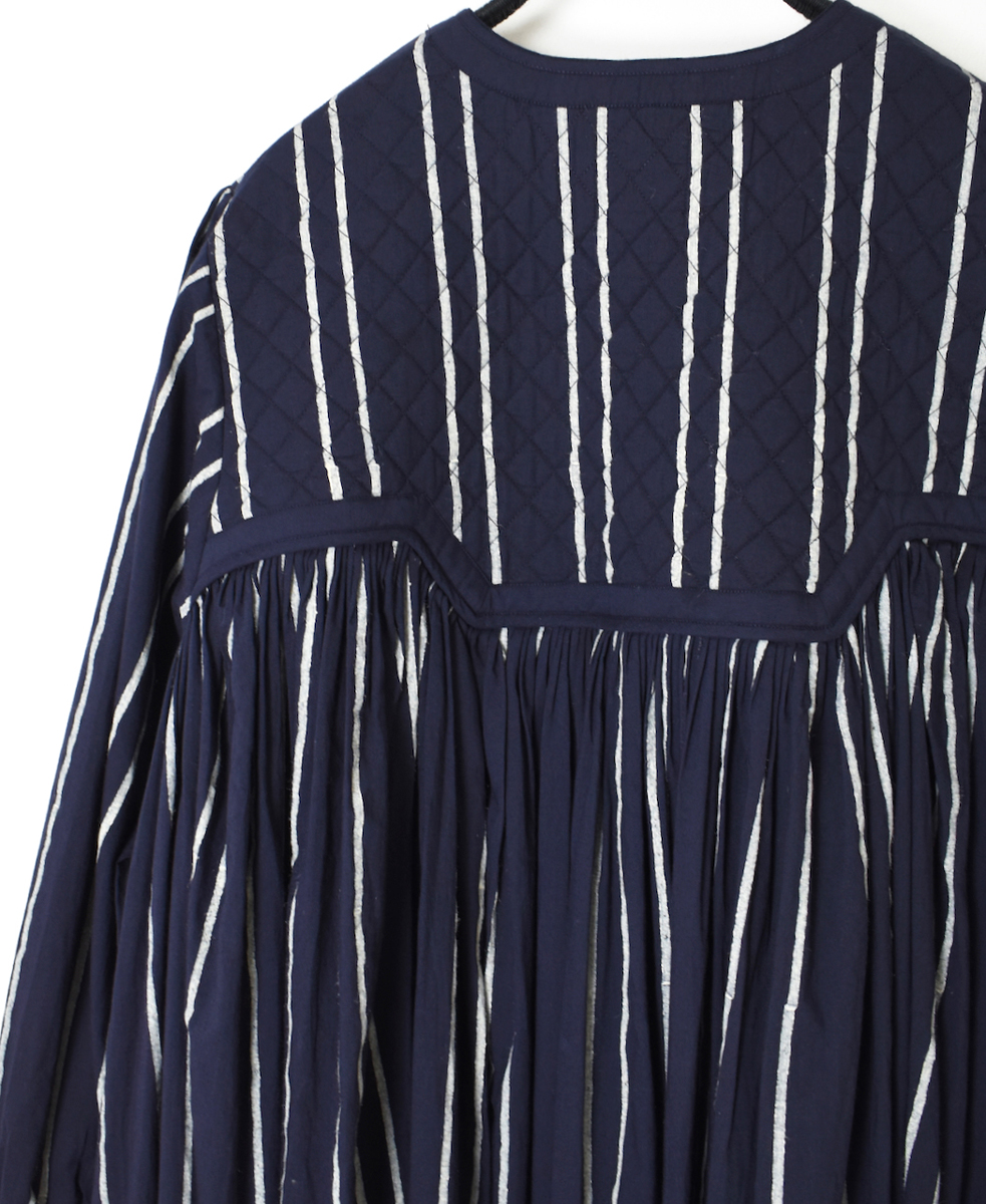 NMDS24623(ワンピース) 60s COTTON STRIPE BLOCK PRINT V-NECK RAJASTHAN TUCK GATHERED DRESS