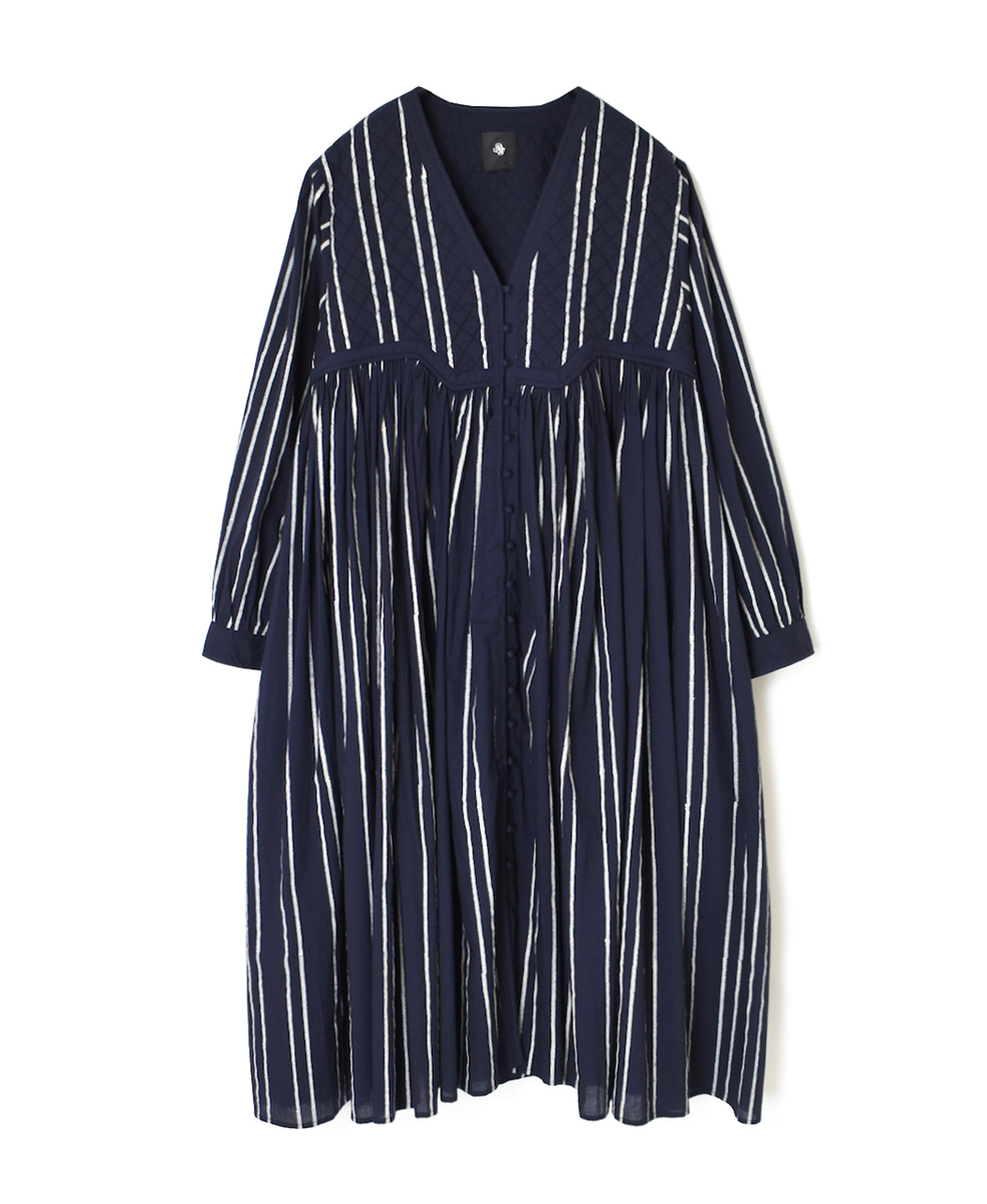 NMDS24623(ワンピース) 60s COTTON STRIPE BLOCK PRINT V-NECK RAHASTHAN TUCK GATHERED DRESS