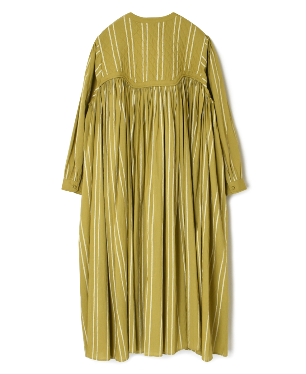 NMDS24623(ワンピース) 60s COTTON STRIPE BLOCK PRINT V-NECK RAJASTHAN TUCK GATHERED DRESS