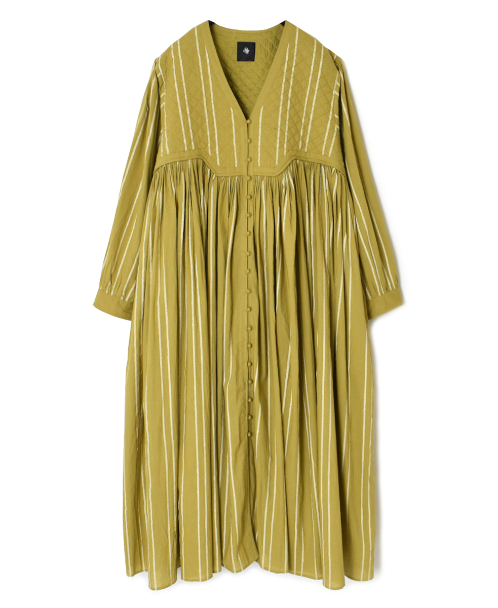 NMDS24623(ワンピース) 60s COTTON STRIPE BLOCK PRINT V-NECK RAJASTHAN TUCK GATHERED DRESS