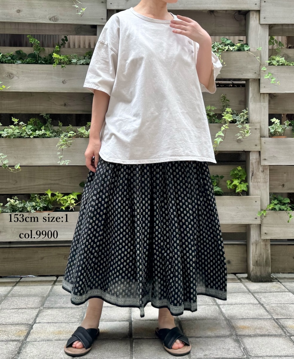 NMDS24184 (スカート) 80'S COTTON VOILE SMALL FLOWER BLOCK PRINT RAJASTHAN TUCK  GATHERED SKIRT WITH LINING│